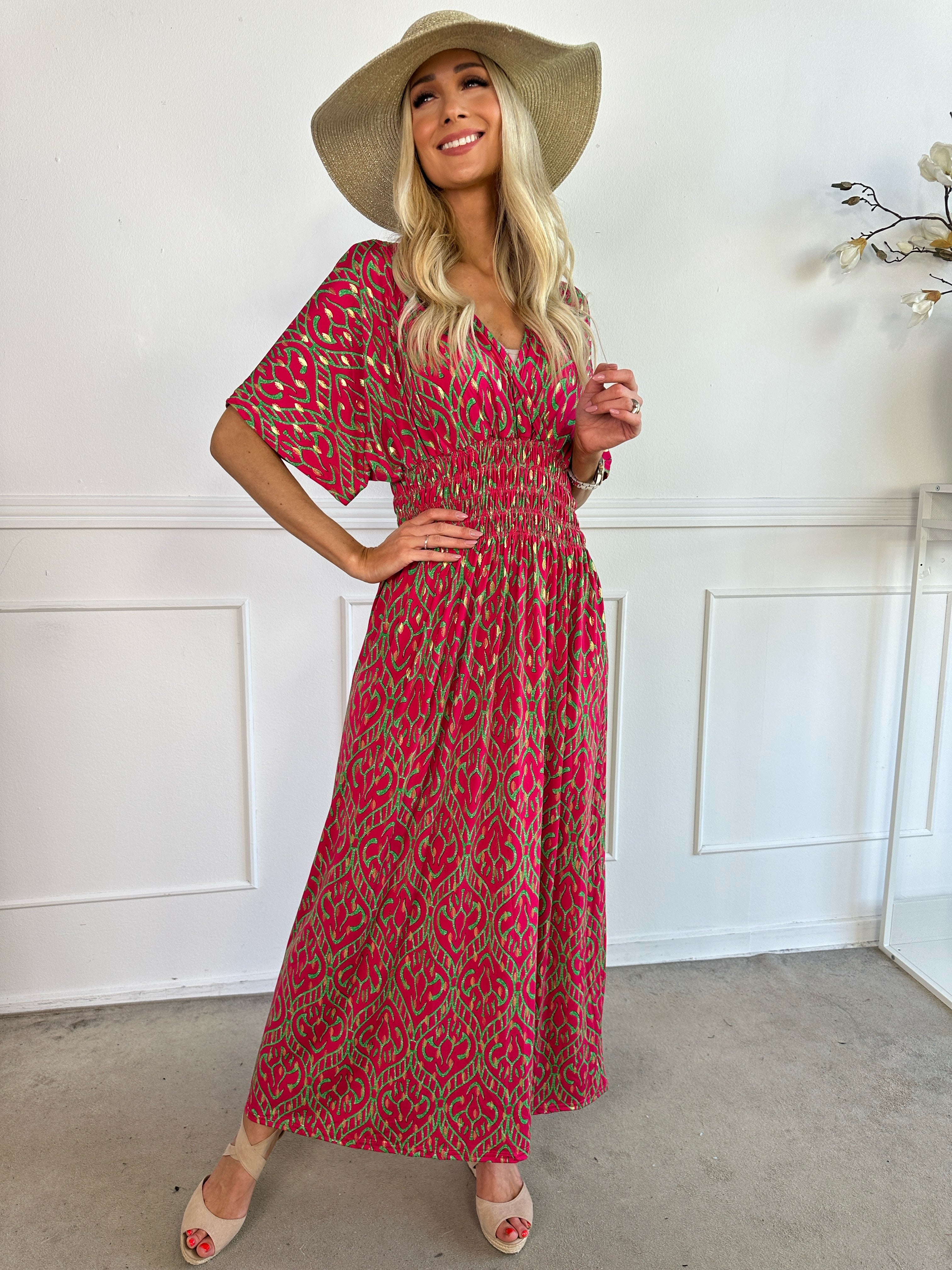 Pams Boho - Lång elastisk mönstrad klänning